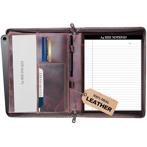 Genuine Leather Professional Padfolio Portfolio - Resume Folder with Luxury Pen, Stylish Document Folio for Letter Size Writing Pad with Business Card Holder, Ideal Gift Portfolios for Men and Women