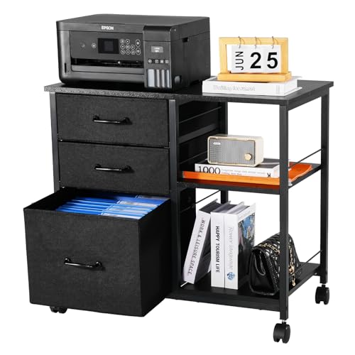 VEVOR Metal File Cabinet, Mobile Filing Cabinet with 3 Fabric Drawers and 2 Open Shelves, Wooden Vertical Filing Storage Cabinets with Wheels for Letter, A4, Legal Size File, Easy Assembly, Black