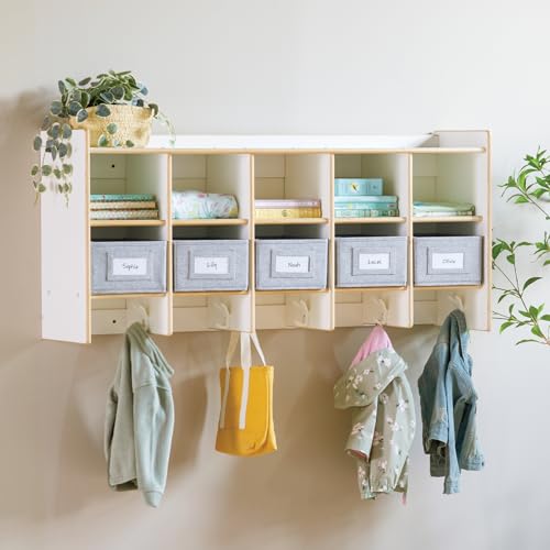 Guidecraft EdQ 10-Section Wall Mounted Locker, Kids White Wooden Classroom Storage Locker with Divided Cubbies, Compartment Storage with Hooks for Playroom and Preschool