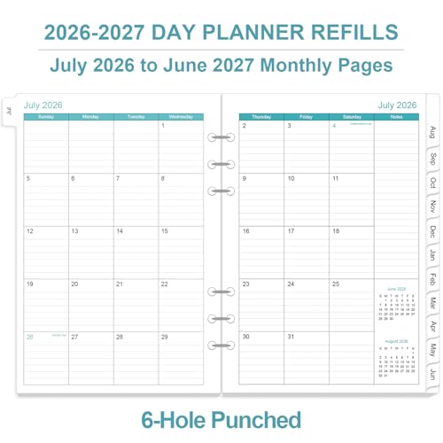 2026-2027 Planner Refills for A5 Binder - One Page Per Day Daily ＆ Monthly Planner, July 2026 - June 2027, Prioritized, To-Do List, Notes, Appointment Schedule, 6-Hole Punched, 5.8" x 8.3"