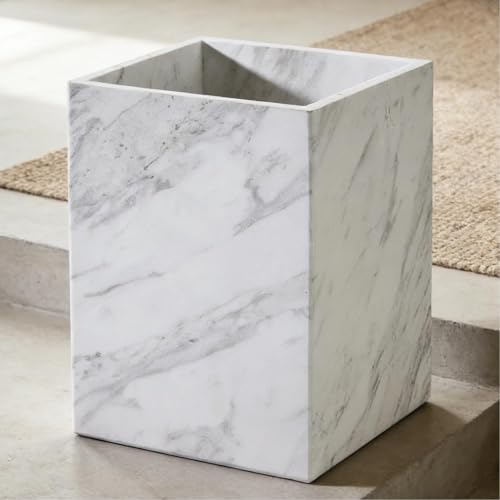 White Marble Wastebasket, Natural Rectangular Trash Can, Luxury Durable Real Stone Storage Basket, Elegant Garbage Container for Bathroom, Home Office, Living Room