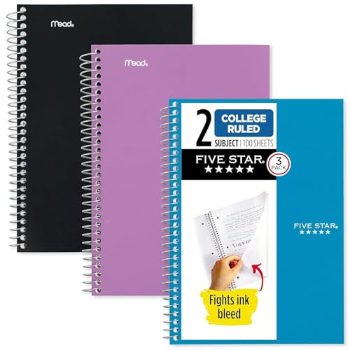 Five Star Spiral Notebooks, 2 Subject, College Ruled Paper, 100 Sheets, 9-1/2" x 6", Colors Selected For You, 3 Pack (73521)