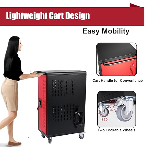 VOOTOLOVER 16-Bay Charging Cart for 15.6" Laptops/Tablets, Red/Black