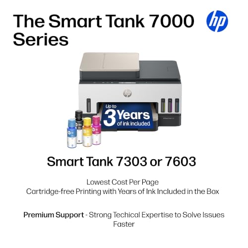 HP Smart Tank 7603 Wireless All-in-One Ink Tank Printer, Scanner, Fax, Copier with up to 3 Years of Ink Included, Best-for-Home Office, Cartridge-Free Refillable, AI-Capable (D34F7A)