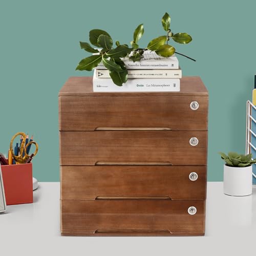 Wooden Desk Organizer, Desktop Storage Box with 4 Lockable Drawers, Countertop Wood Cabinet Office Supplies File Organizer Flat File Cabinet for Office, Study, Dresser, and More(15.75"X11"X15.94")