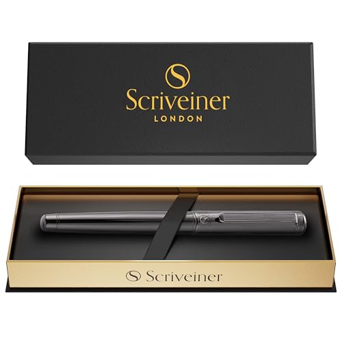 Scriveiner Gun-Metal Rollerball Pen - Stunning Luxury Pen, Schmidt Ink Refill, Best Roller Ball Gift Set for Men & Women, Professional, Executive Office, Nice Pens