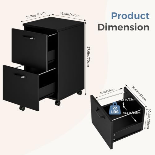 DUMOS 2 Drawer Rolling File Cabinet, Small Wood Filing Cabinet, Black