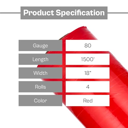 PSBM Tinted Red Plastic Hand Stretch Film/Wrap 18" x 1500' 80 GA 4 Rolls