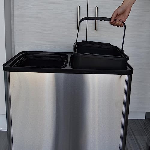 iTouchless 16 Gallon Stainless Steel Dual Compartment Sensor Kitchen Trash Can and Recycle Bin with Wheels – 60L Rectangular Garbage Can with Touchless Motion Sensor Lid & Removable Inner Buckets