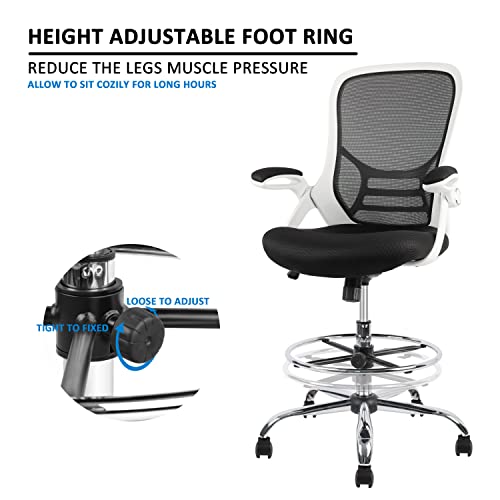 HYLONE Drafting Chair, Tall Office Chair Mesh Standing Desk Stool with Adjustable Foot Ring, Flip-Up Arms, White & Black
