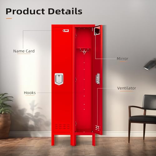 SAPITAL Metal Storage Locker, Lockable Employees Metal Locker with Door, Card Slot, 66" Height Steel Locker for Home, School, Office, Gym (Red)