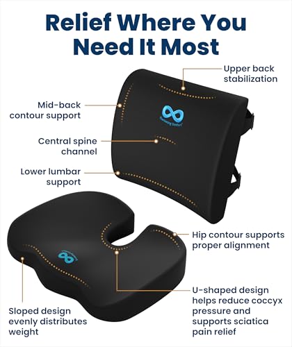 Everlasting Comfort Doctor Recommended Memory Foam Seat Cushion for Office Chairs & Car - Ergonomic Office Desk Accessories - Cushions for Tailbone Pain Relief, Sciatica (Black Airflow Lumbar, Large)
