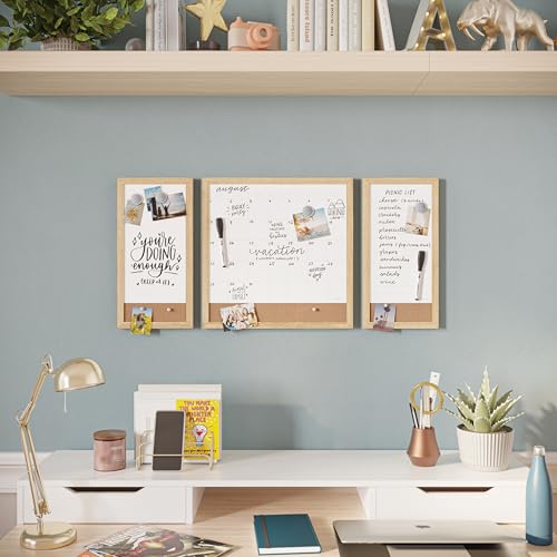 U Brands Dry Erase Monthly Calendar White Board Set, Family Calendar Magnetic Whiteboard 3 Piece Set, Monthly Calendar, To-Do List, & Reminder Board, Includes Markers, Push Pins, & Magnets, Wood Frame