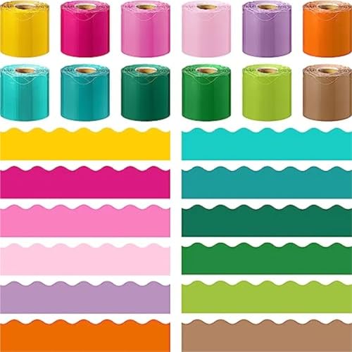 Bulletin Board Borders 12 Roll 630 Feet Ful Bulletin Board Borders Bulk for Classroom Decoration Scalloped Rolled Border Trim for Back to School Chalk(Summer Colors)