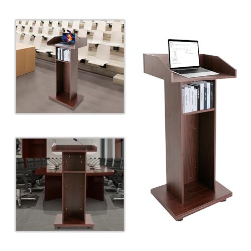 Jiabailie 43.3" Height Rolling Podium,3-Tier Movable Desk Lectern W/ 4 Wheels,Conference Presentation Stand,Portable Presentation Standing for Classroom (Brown)