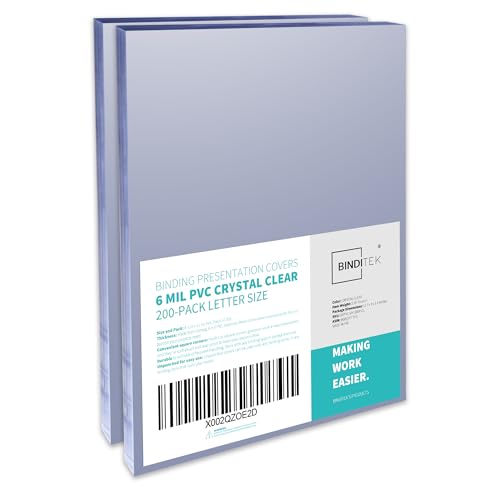 Binditek 6 Mil PVC Binding Covers, 8.5 x 11 Inches, Clear, 200 Pack