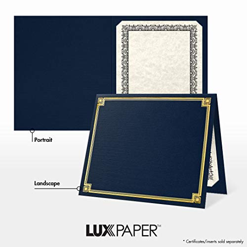 LUXPaper 9.5" x 12" Certificate Holders | Nautical Blue Linen | Embossed Gold Foil Border | 100lb. Cover | 25 Qty