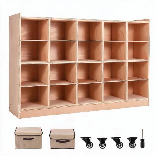 20-Cubby Storage Organizer,Mobile Wood Cabinet with 4 Wheels,2 Doors