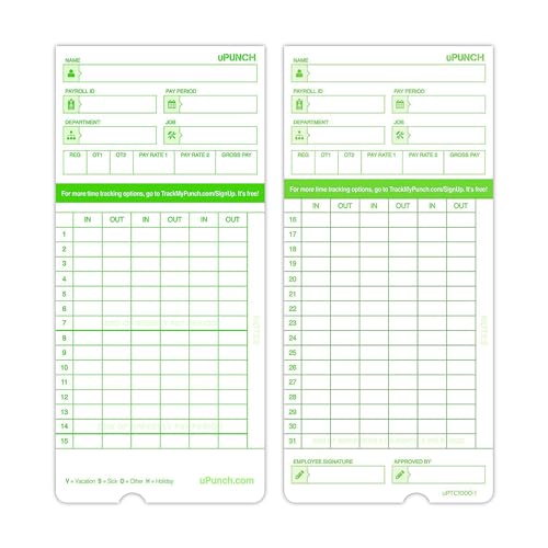uPunch 300 Time Cards for Green HN3000 AutoAlign Time Clocks (HNTCG1300)