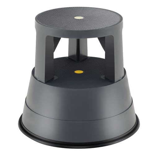 SPORFIT Rolling Step Stool with Retractable Spring Casters and Sitting Function, Kik Stool with 3 Movable Rolling Wheels, Two Step Stool for Home Office Library Kitchen, Premium PP, Gray