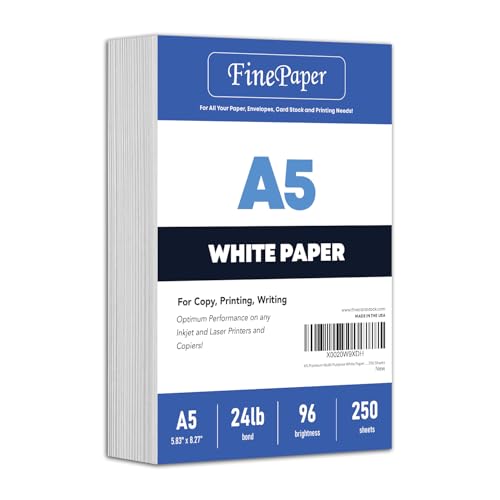 A5 Premium Multi Purpose White Paper - 24 lb (90 GSM) | For Copy, Printing, Writing | 5.83" x 8.27" inches (148 x 210 mm - Half of A4) | Full ream of 250 Sheets
