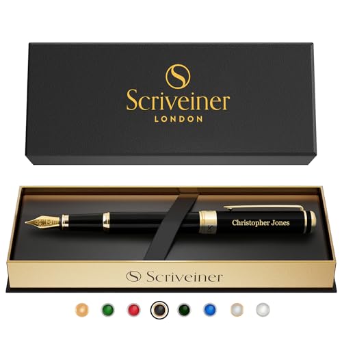 Scriveiner Personalized Black Fountain Pen - Stunning Luxury Pen, Jet Black Lacquer, Real Gold Plating, German Schmidt Nib (Medium), Best Engraved Gift Set for Men & Women, Name Engraving