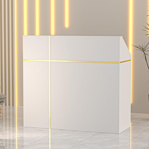 AHB Reception Desk with Counter, Modern Front Table Equipped Lockers & Storage Shelves, 48-inch Checkout Counter with DIY Stripe for Lobbies, Salons, Retail, Home Offices, Reception Room