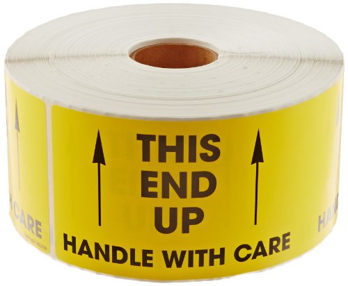 Tape Logic Aviditi Tape Logic 3" x 10","This End Up Handle with Care" Fluorescent Yellow Warning Sticker, for Shipping, Handling and Packing (1 Roll of 500 Labels)