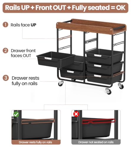 10 Drawers Rolling Cart with Wooden Tabletop, Utility Storage Cart with Wheels, Art Supply Craft Organizer on Wheel with Metal Frame & Handles for Home Office School,Black