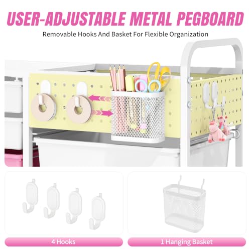 14 Drawer Rolling Storage Cart with Tabletop and Pegboard for Crafts Pink