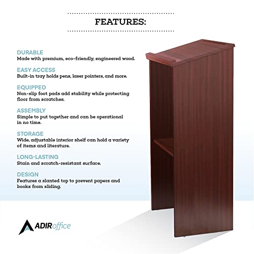 AdirOffice Wooden Podium with Storage Shelf - Speaking Lectern, Hostess Station for Restaurant, 46.25 Inches, Mahogany