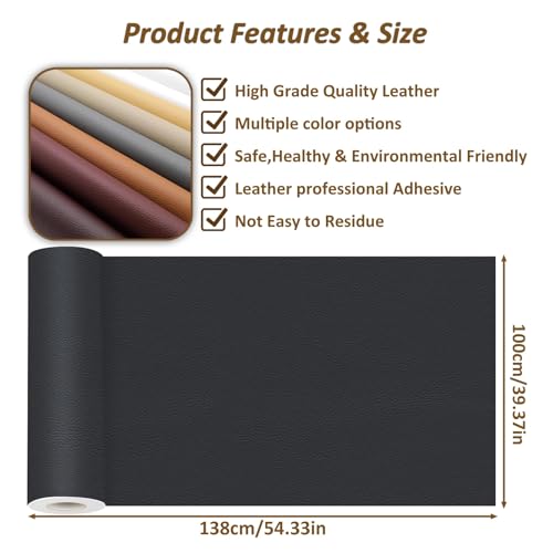 Fabric Adhesives Leather Repair Patch Self Kit Upholstery Leather Couch Patch, Reupholster Leather Patches for Furniture Couch Chairs Car Seat(Black)