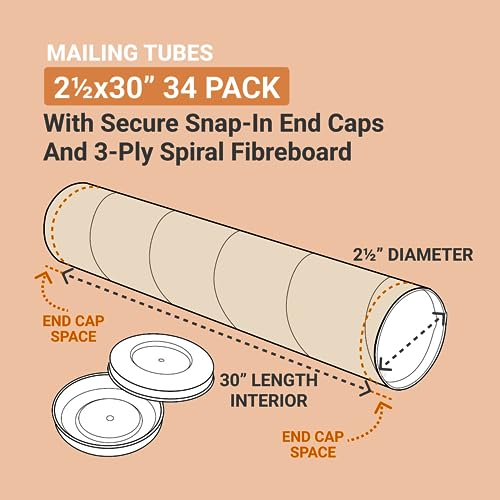 BOX USA Cardboard Tubes with Caps, 30"L x 2.5"W x 2.5"H, Pack of 34 | Poster Tube for Mailing and Storage of Blueprints, Artwork, Crafts, Long Art Holder, 30 inches