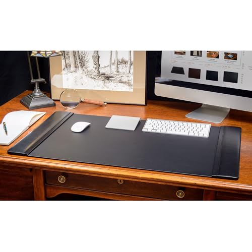Classic Leather Desk Pad with Side Rails - Luxury Leather Desk Blotter for Writing - Padded Executive Desk Surface Protector - (Black, 34” x 20”) - Dacasso