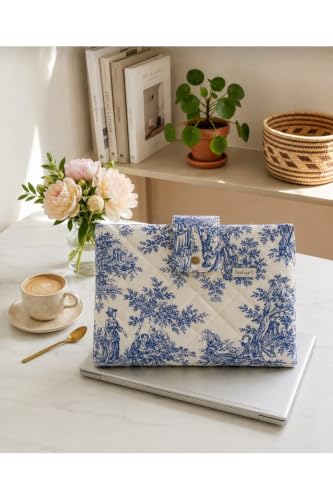 Handmade Toile Pattern Quilted Laptop Sleeve for 14-inch Devices | Navy Blue | M Size | Water-Resistant Fabric with Soft Lining | Multiple Pockets for Accessories | Appropriate for Everyday use &