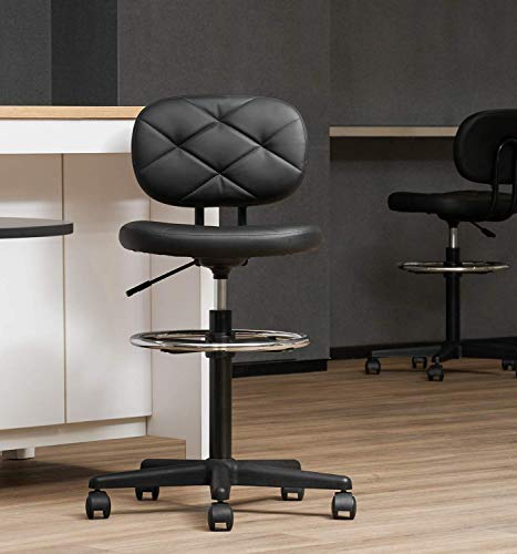 KLASIKA Tall Drafting Rolling Stool Chair with Low Back Support and Adjustable Foot Rest Ring Set of 4 PU Leather Vinly Wide Seat Swivel Standing Desk Chair for Office Home 4 Pack