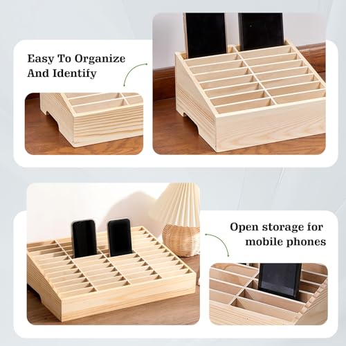 Cell Phone Holder Stand, Wooden Phone Organizer with Multiple Slots, Open Storage Rack for Classroom Office Meeting Room Desk Use(24)