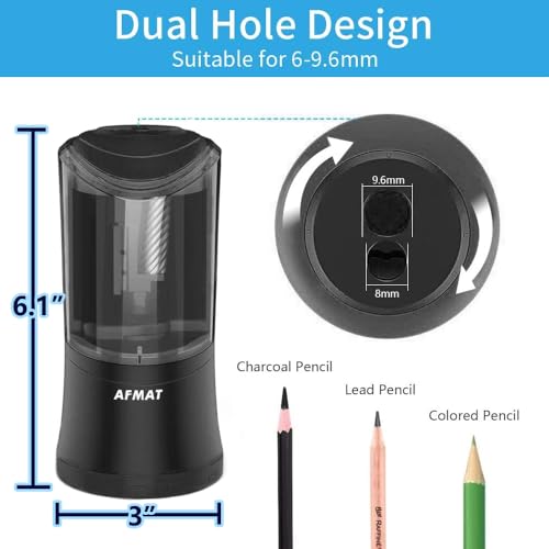 AFMAT Rechargeable Long Point Pencil Sharpener, 2 Holes, Fast Sharpen & Auto Stop, 8-17mm Super Long Point, Artist Pencil Sharpener for 6-9.6mm Large Pencil, Charcoal/Drawing/Sketching Pencils PS09B