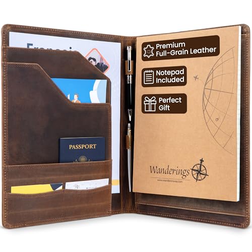 Wanderings Vintage Leather Padfolio - 10" x 13" - Professional Organizer and Resume Folder Antique Leather Document Portfolio with Writing Pad. Ideal Gift for Men and Women
