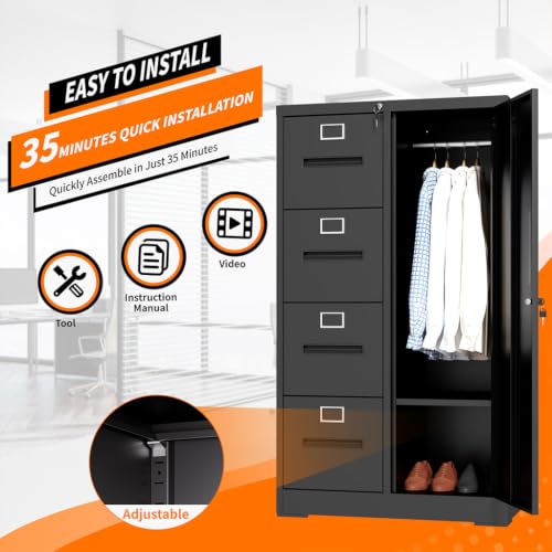LMAOSS 4 Drawer File Cabinet with Lock, Vertical File Cabinet with Lock, 1 Door, Shelves and Adjustable Hanging Rails, Metal Storage Cabinets for Home, Office, Garage, School,Black