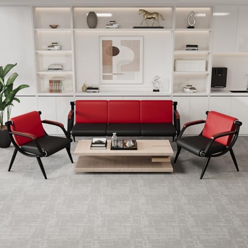 wonline Waiting Room Bench, Office Furniture Reception Chairs with Arms, Leather Chairs is Suitable for Clinic,Airport,Hospital,Barber,Salon,Bank-(Red&Black,3 Seat)
