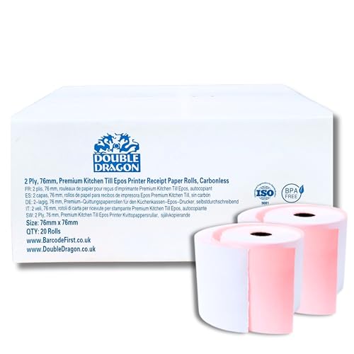 76 x 76mm, 2ply Premium Paper Till EPOS Kitchen Printer Receipt Rolls - Carbonless - (Box of 20 Rolls) - 2 PLY, Non-Thermal