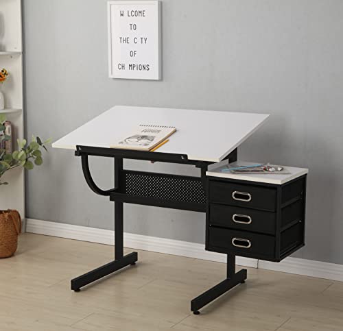 Drafting Table Drawing Desk Art&Craft Work Station with 3 Storage Drawers and Stool for Adults and Kids Teens, Tabletop Adjustable Paint Artist Tables for Art Studio Home Office School (Black White)