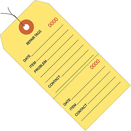 Box USA Repair Tags, Wired, 4 3/4" x 2 3/8", Yellow, Consecutively Numbered 2 PC Perforated Tags, Used to Keep Track of Repair Work, Case of 1000
