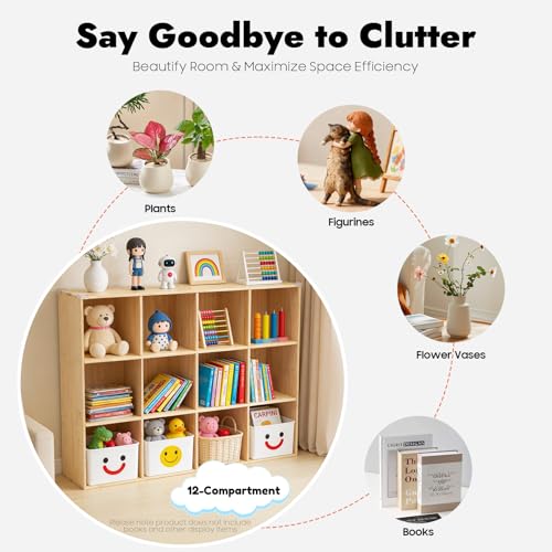BbqLiaxon 12-Compartment Solid Mobile Cubby Storage Cabinet -Vertical Or Horizontal Bookcase - Open Book Shelf, Rectangular Wood Shelves Cube Shelf for Living Room, Bedroom, Office