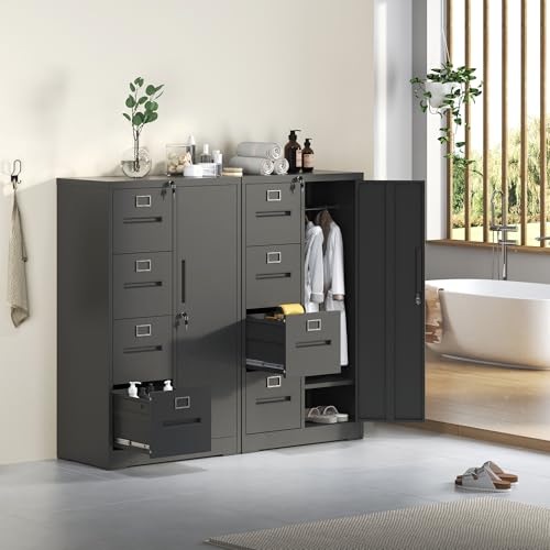 EKJ 4 Drawer File Cabinet with Lock & 1 Door, Metal Storage Unit with Shelves and Hanging Rod, Vertical Filing Cabinet for Home Office, Fits Letter/Legal/A4/F4, Easy Assembly (Black)