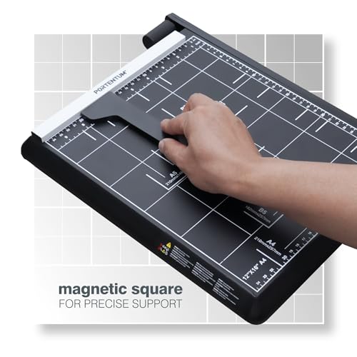 PORTENTUM Guillotine Paper Cutter A4 with Adjustable Magnetic Square and Non-Slip Base – Precision Trimmer with arm Lock and Printed Guides – Cutter Compatible with A4, A5, B5, B6, B7 – 12 Sheets