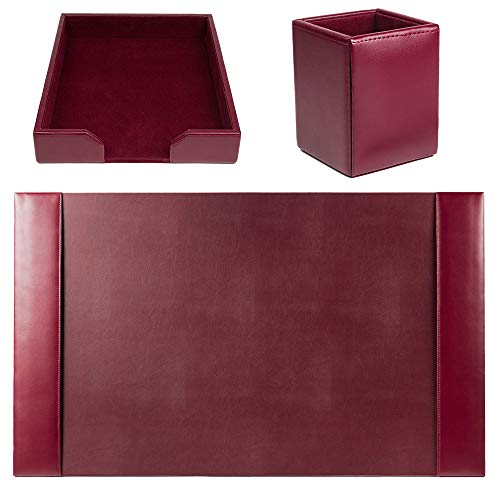 DACASSO Bonded Leather Desk Set - Luxury Leather Desk Pad & Desk Organization Essentials (Burgundy, 3 Piece)