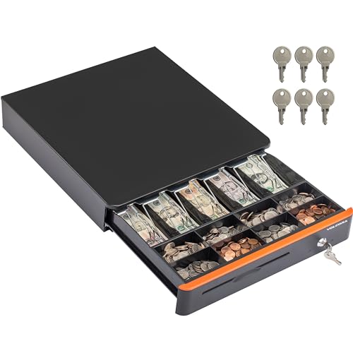 Volcora Cash Register Drawer for Point of Sale POS System with Round Corners 16", Removable Coin Tray, 5 Bill 8 Coin, 12-24V RJ11/12 Key-Lock Media Slot, Money Drawer for Business, Orange Bar/Black