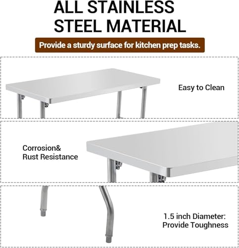 Attracoast 48" Commercial Worktable Workstation, Stainless Steel Folding Table with Metal Adjusting Foot for Kitchen,48 * 30 * 33.5inch